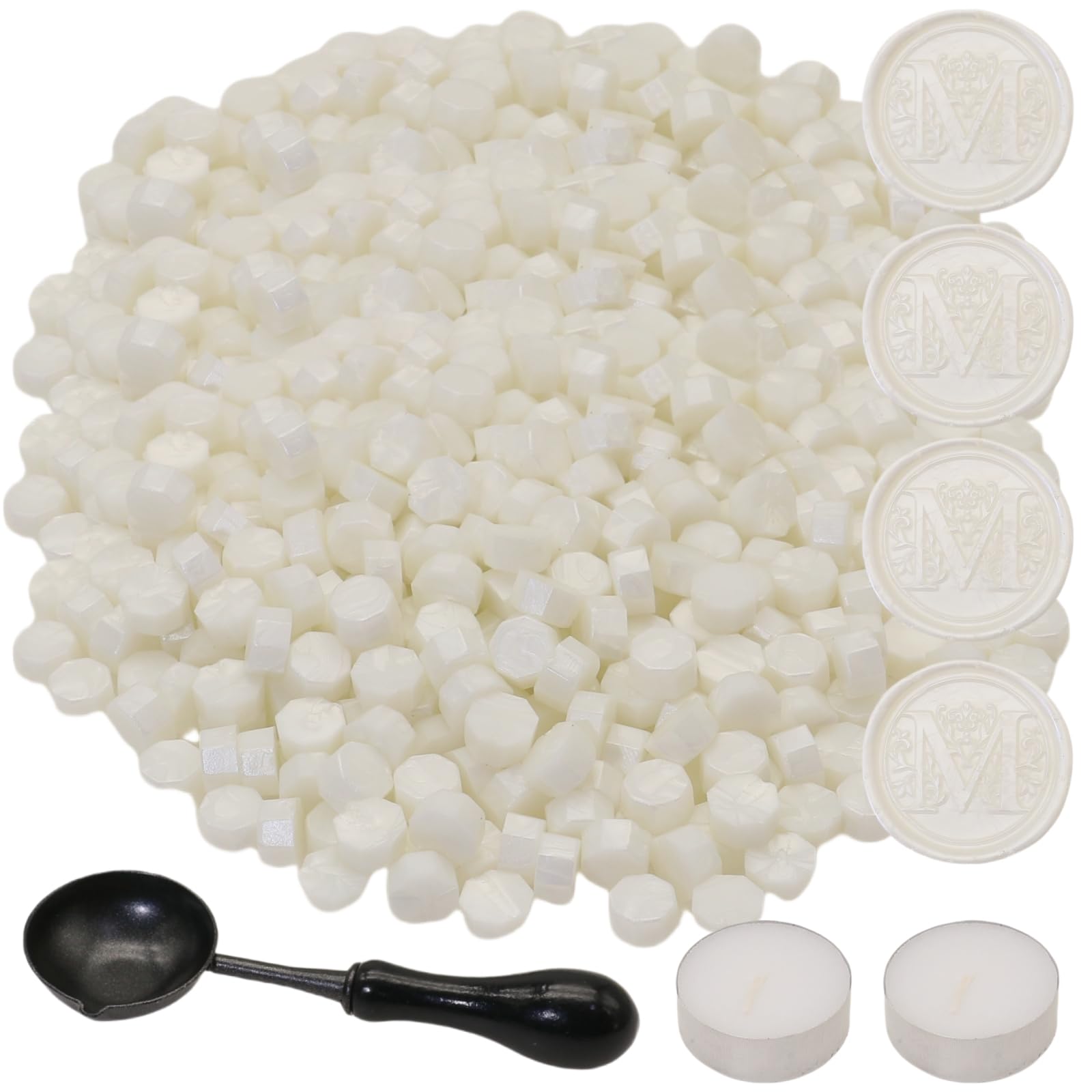 300Pcs Wax Seal Beads Set with Non-Slip Melt Spoon and Candles, Pearl White Sealing Wax Pellets Bead Great for Seals Stamp, Wedding Invitations, Xmas Gift, Envelope Seal (Pearl White)