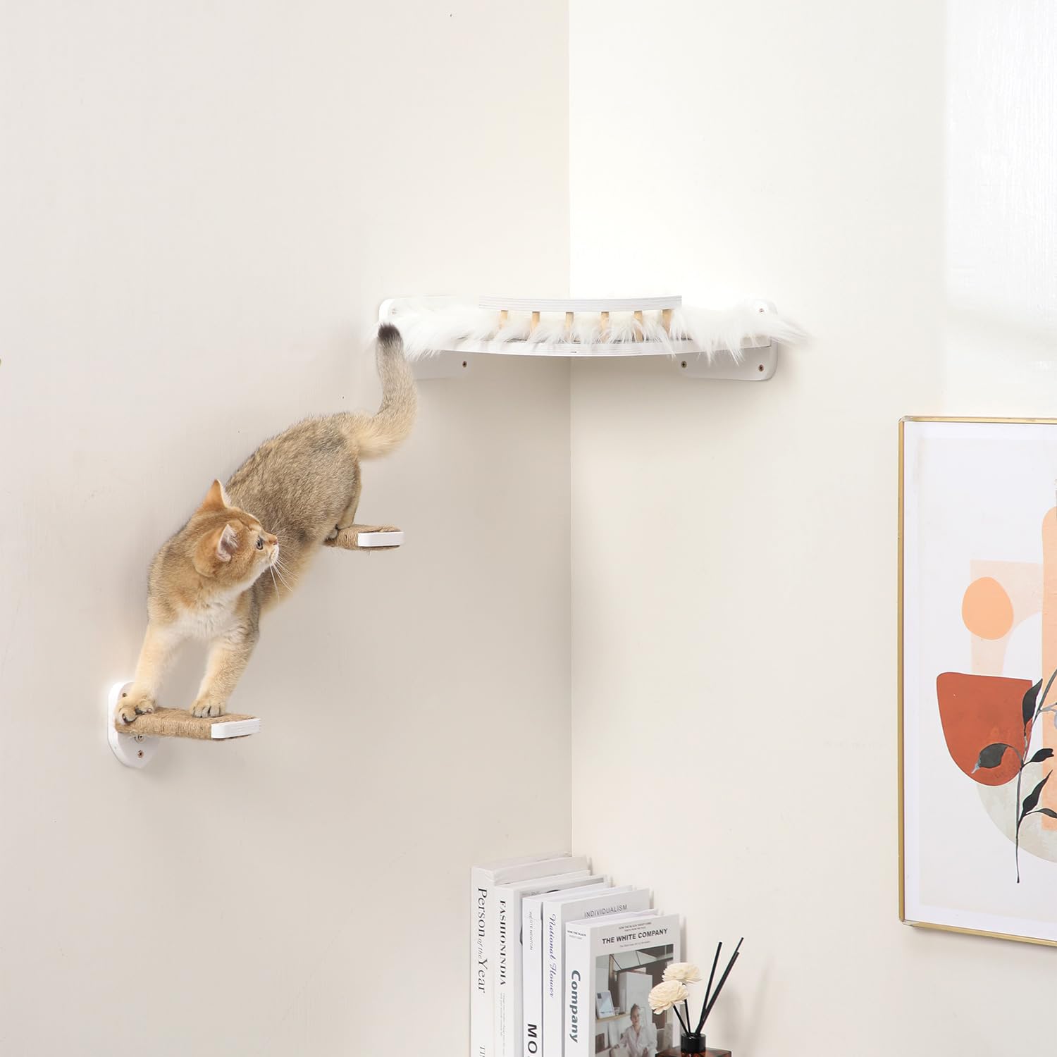 Katzen-Wandregale, 3 Stufen, Kratzbaum & Hängemattenbett, Eck-Katzenmöbel mit Plüschbezogenem Kletterregal für Indoor-Katzen (Weiß)