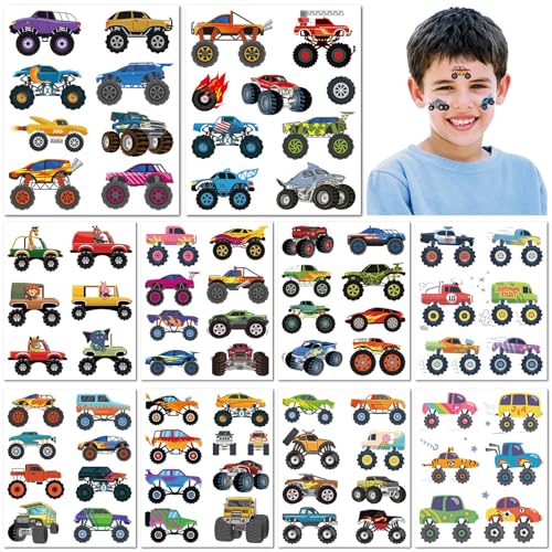 10 Fogli Tatuaggi Temporanei Camion Monster per Bambini Impermeabili Falsi Adesivi Tatuaggio Disegni Auto Cartoon Decalcomanie Divertenti per Ragazzi e Ragazze