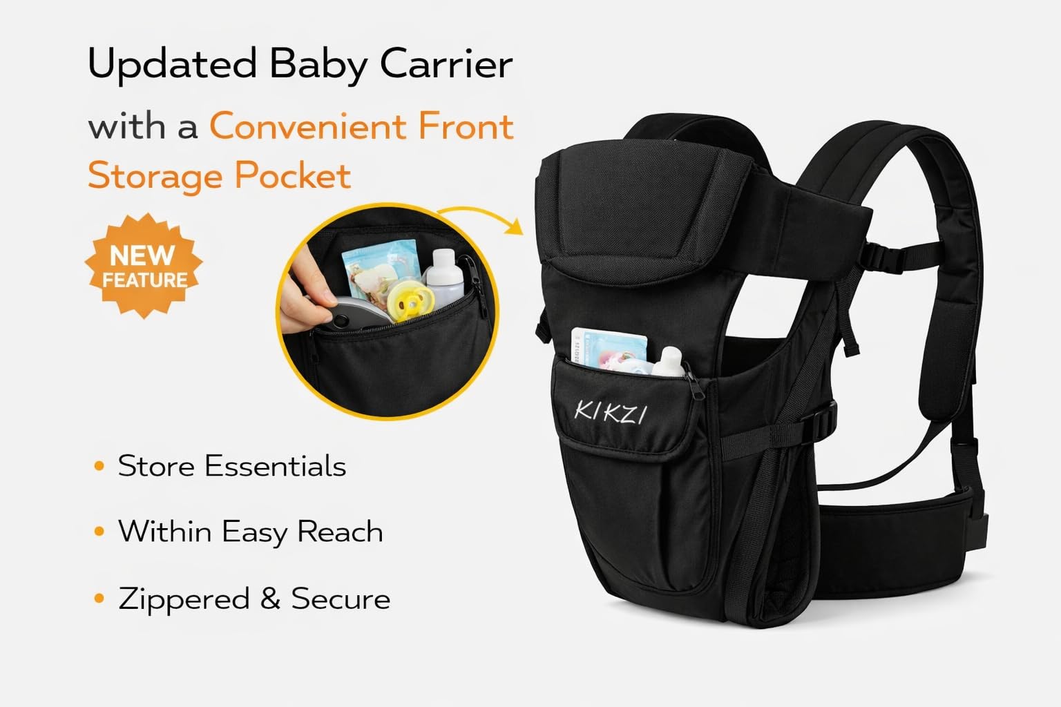 Kikzi Ergonomic Strong Breathable Adjustable Infant Baby Carrier Backpack (Black) — view 7