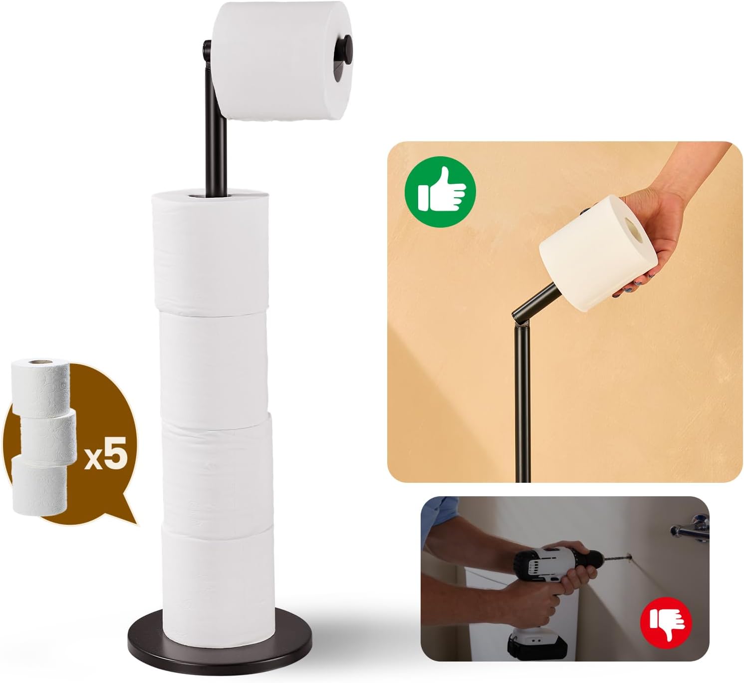 Freestanding Toilet Paper Holder Stand, Matte Black Stainless Steel Bathroom Toilet Paper Storage with Heavy Weighted Base, Non-Slip
