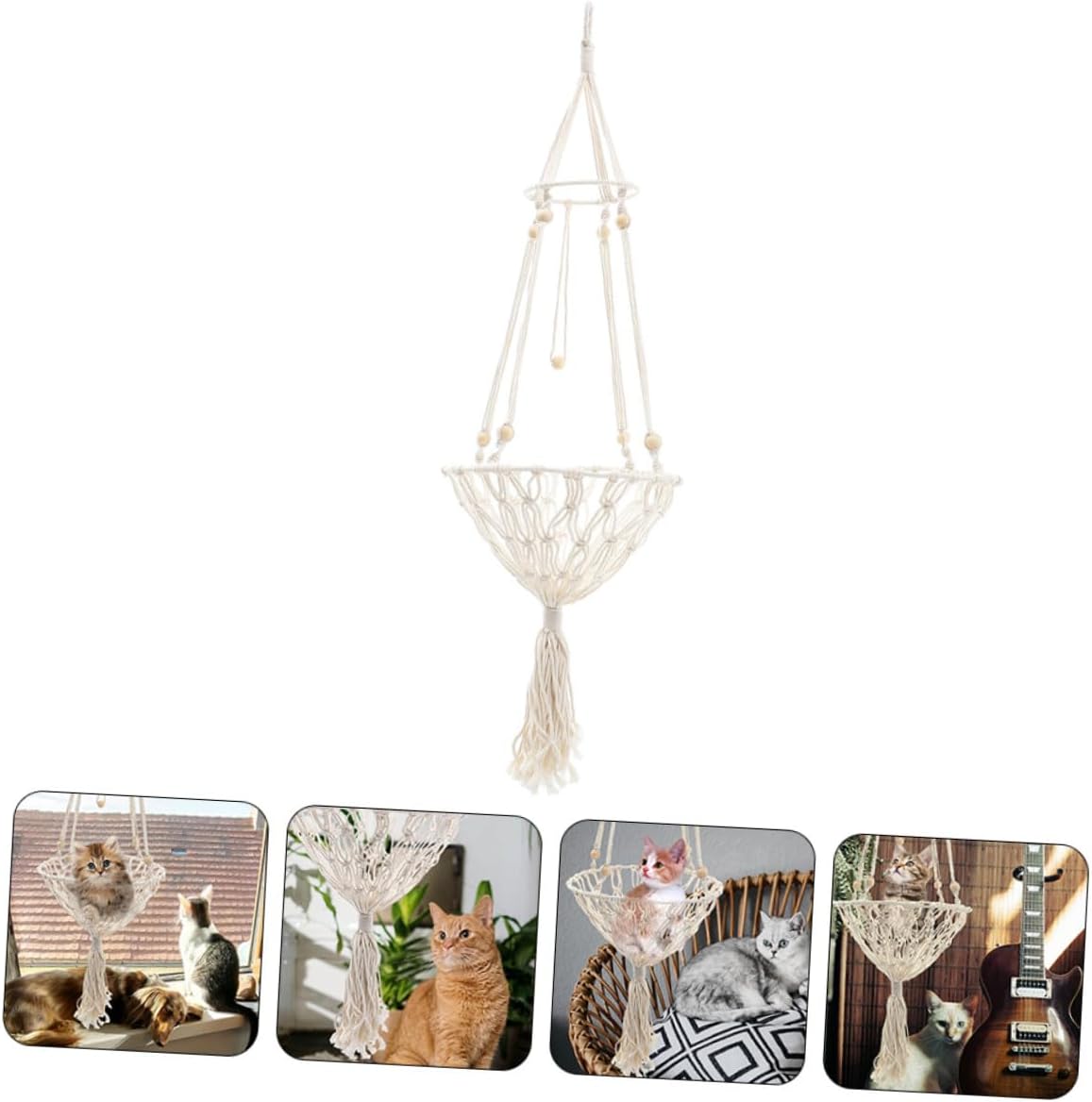 DOITOOL Bohemian Woven Cat Hammock Bed Hanging Animal Net Basket 40cm Wear-Resistant Indoor Kitten Accessory Suitable for Cats 20-30lbs