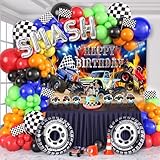 145Pcs Monster Truck Birthday Decorations Machines Party Decoration with Truck Theme Balloon Garland Arch Kit Wheel Foil Balloon Backdrop Cake Topper Baby Shower Truck Birthday Supplies for Boys