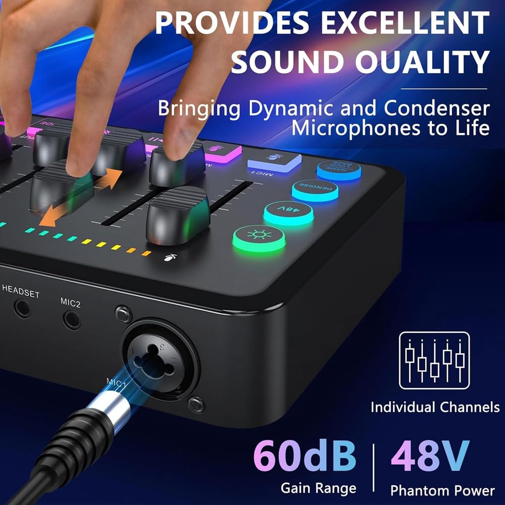 Mixer audio per gaming, mixer per PC streaming RGB con interfaccia microfono XLR, controllo volume, alimentazione phantom da 48 V per podcast