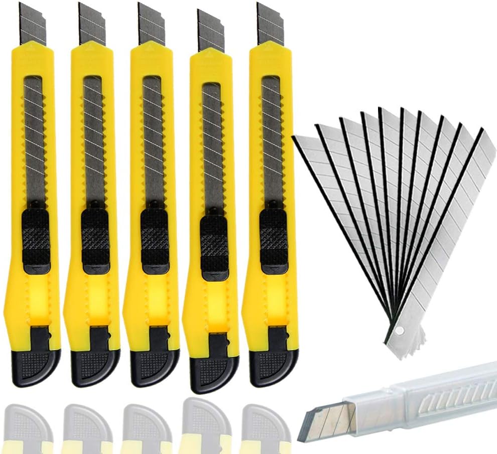 Art Craft Utility Knife Pack 5 Snap off 9mm Cutter with 10 Extra Carbon Steel Blades, Yellow