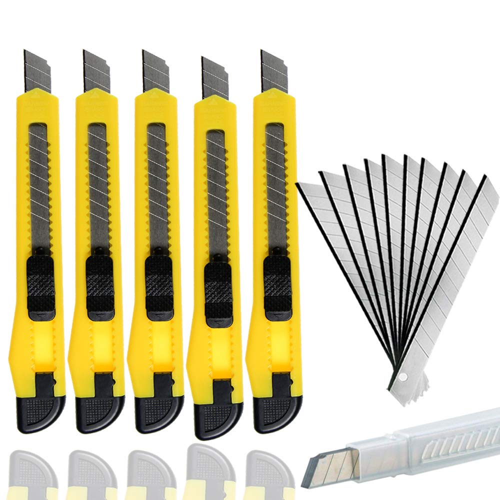 Art Craft Utility Knife Pack 5 Snap off 9mm Cutter with 10 Extra Carbon Steel Blades, Yellow