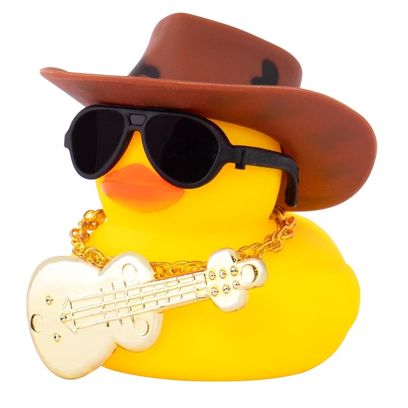 Pato de Borracha Decorativo wonuu para Painel do Carro com Chapéu de Cowboy, Óculos, Colar e Violão Miniatura YAR219