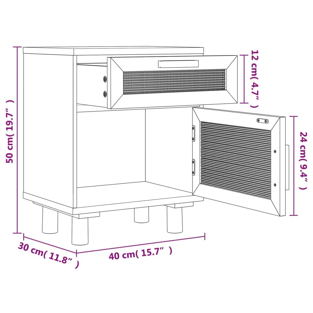Fengshui Comodino bianco in legno massello di pino e rattan naturale