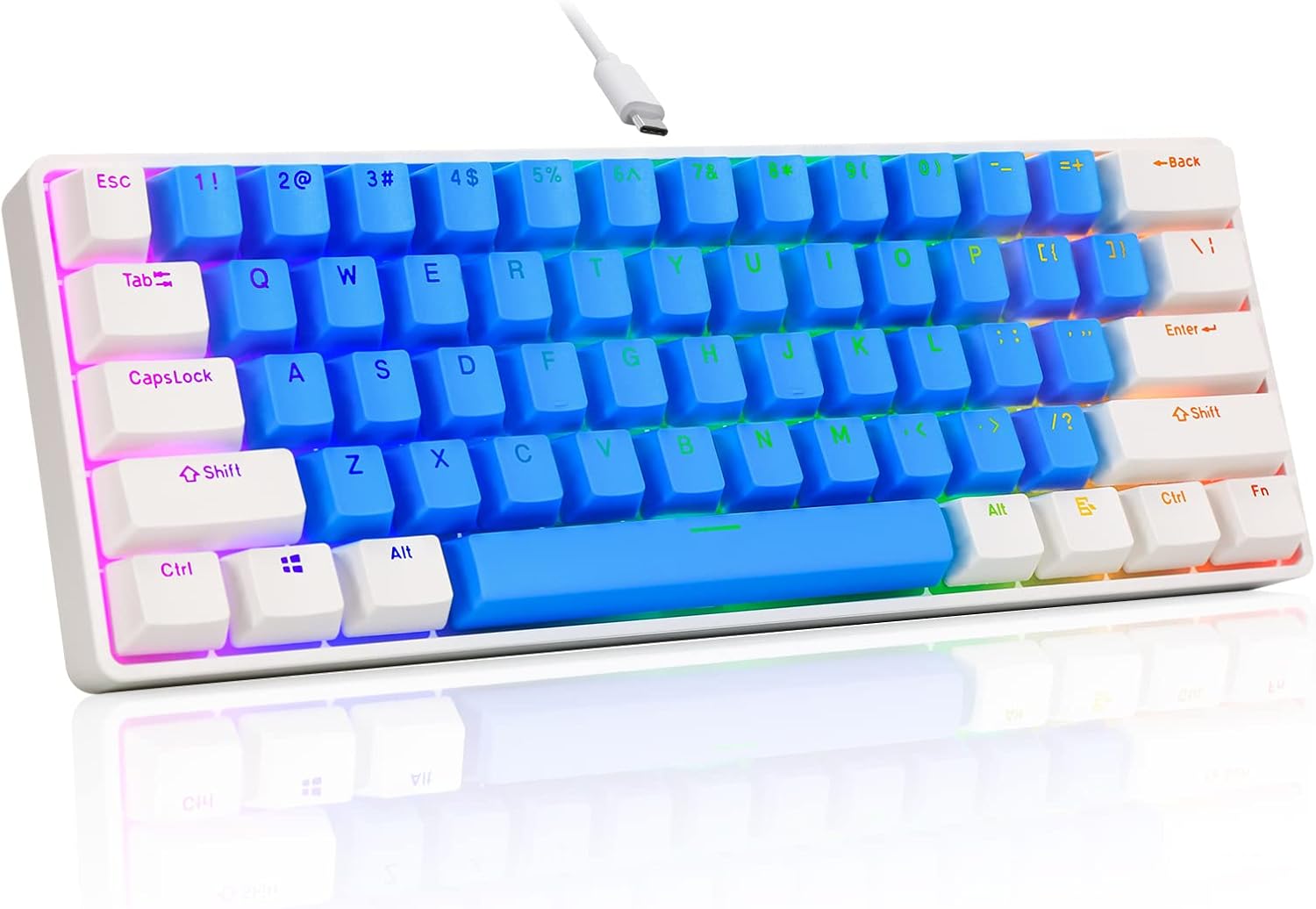 HUO JI Portable 60% Mechanical Gaming Keyboard with Hot Swappable Blue Switch, Customizable RGB Backlit, Detachable USB-C Cable, Compact 61 Keys Wired for Windows Laptop PC Mac - Blue/White