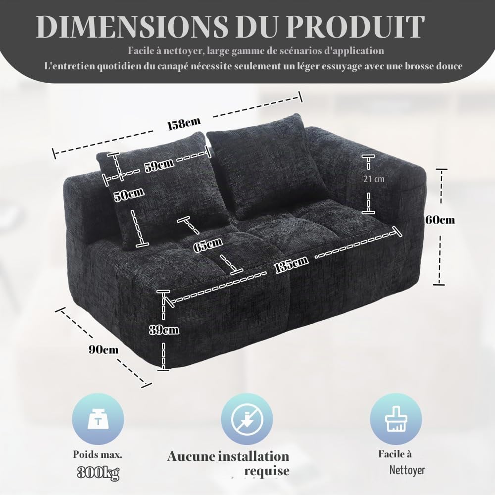 Sapgaks Canapé convertible de 1 à 3 places, canapé modulaire, canapé d'angle modulaire, avec poches latérales, en chenille, avec méridienne et accoudoirs, coussin d'assise inclus (noir + chenille + 2