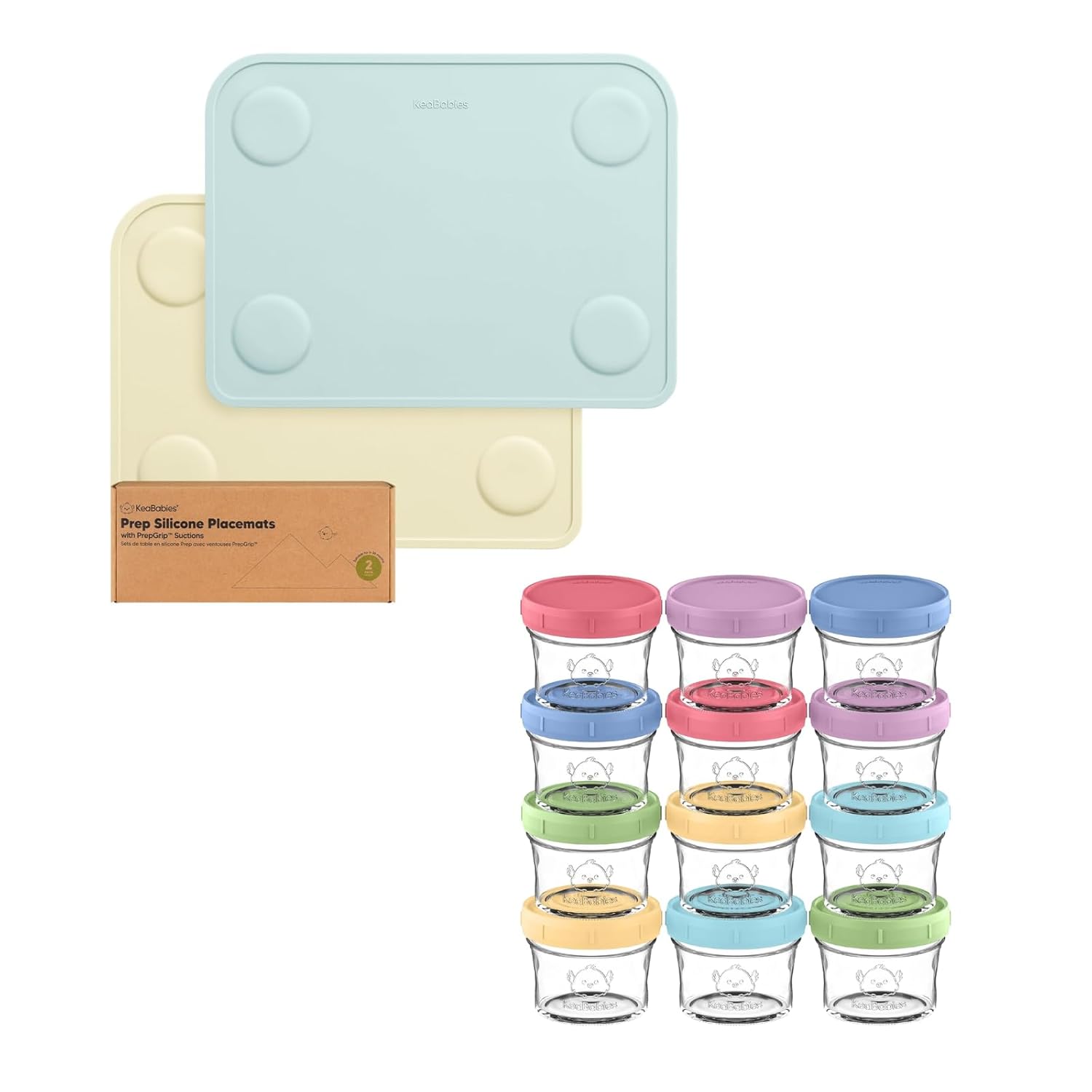 Keababies 2-Pack Silicone Placemats for Toddlers and 12-Pack Baby Food Containers - Non Slip Placemat for Kids, Easy-to-Clean Baby Mat - 4 oz Leak-Proof, Microwavable, Food Storage Container