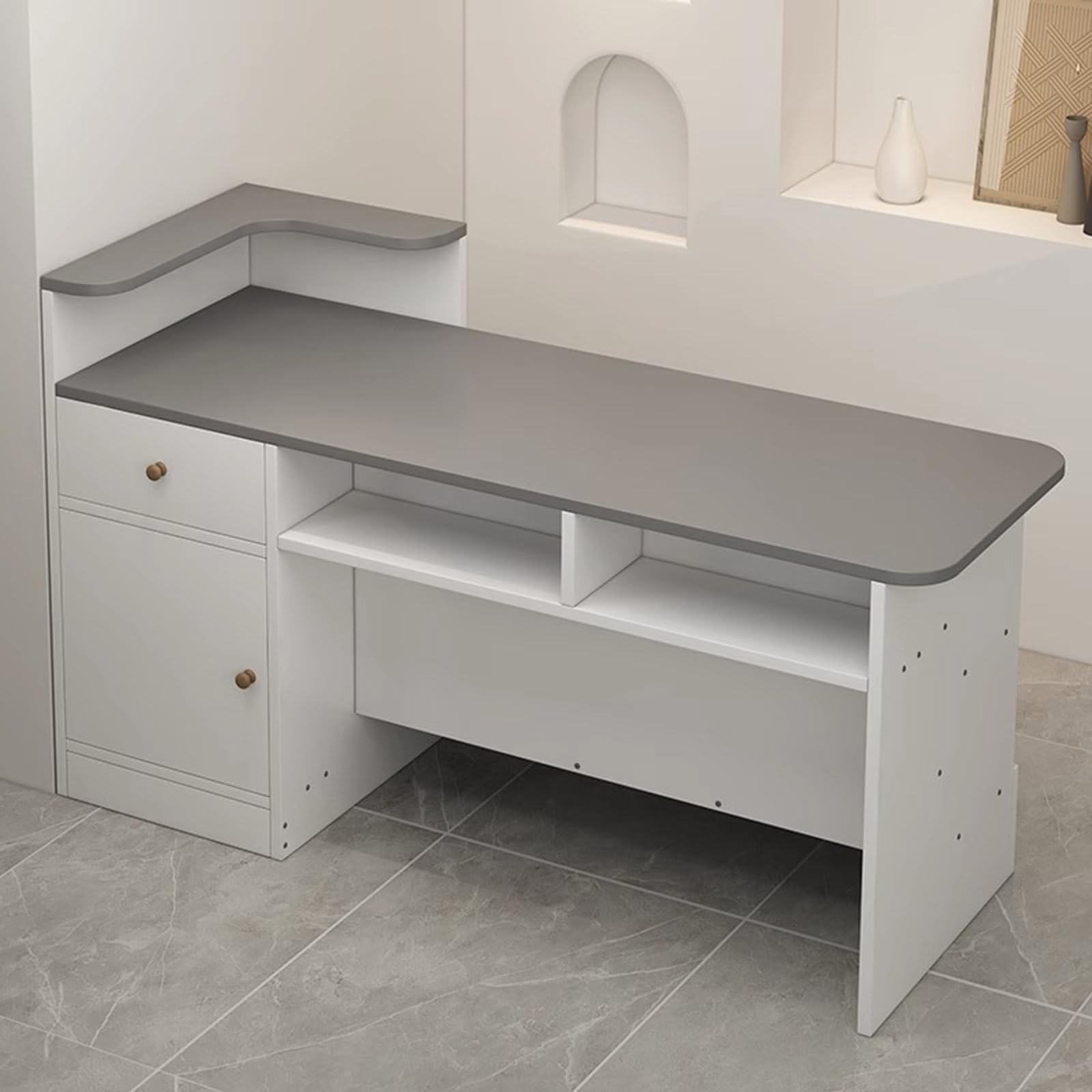 Comptoir De Réception 140x60x110cm - Blanc Et Bois - Avec Tiroir Verrouillable Et Rangements