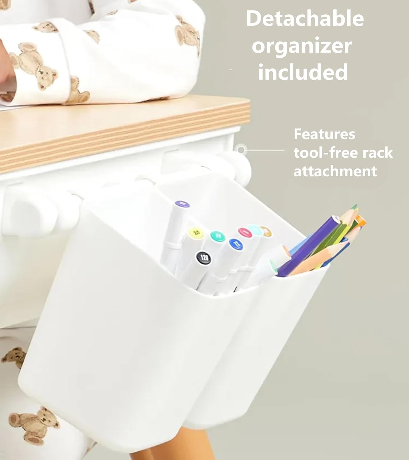 Tonlevo Toddler Desk & Chair Set - Adjustable Height Kids Table with Storage, Solid Wood Legs, Ergonomic for Arts & Crafts, Learning, Snacks & Play (Ages 1-8) - Tool-Free Assembly, White/Natural Wood