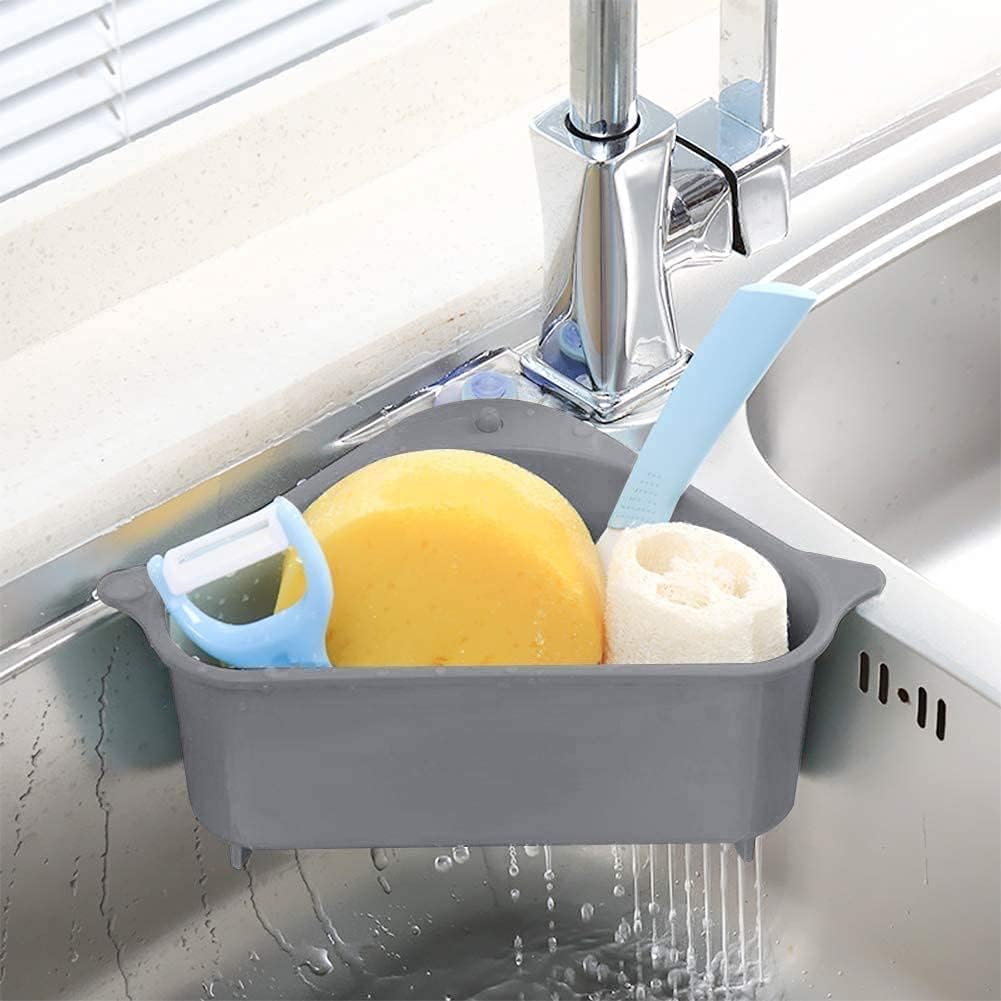 FYCAN Sink Strainers Basket for Kitchen Bathroom, Multifunctional Triangular Drain Shelf Storage Holder with Suction Cup, Hanging Shelf Soap Box Organizer for Support Corner Rack (Grey) 2