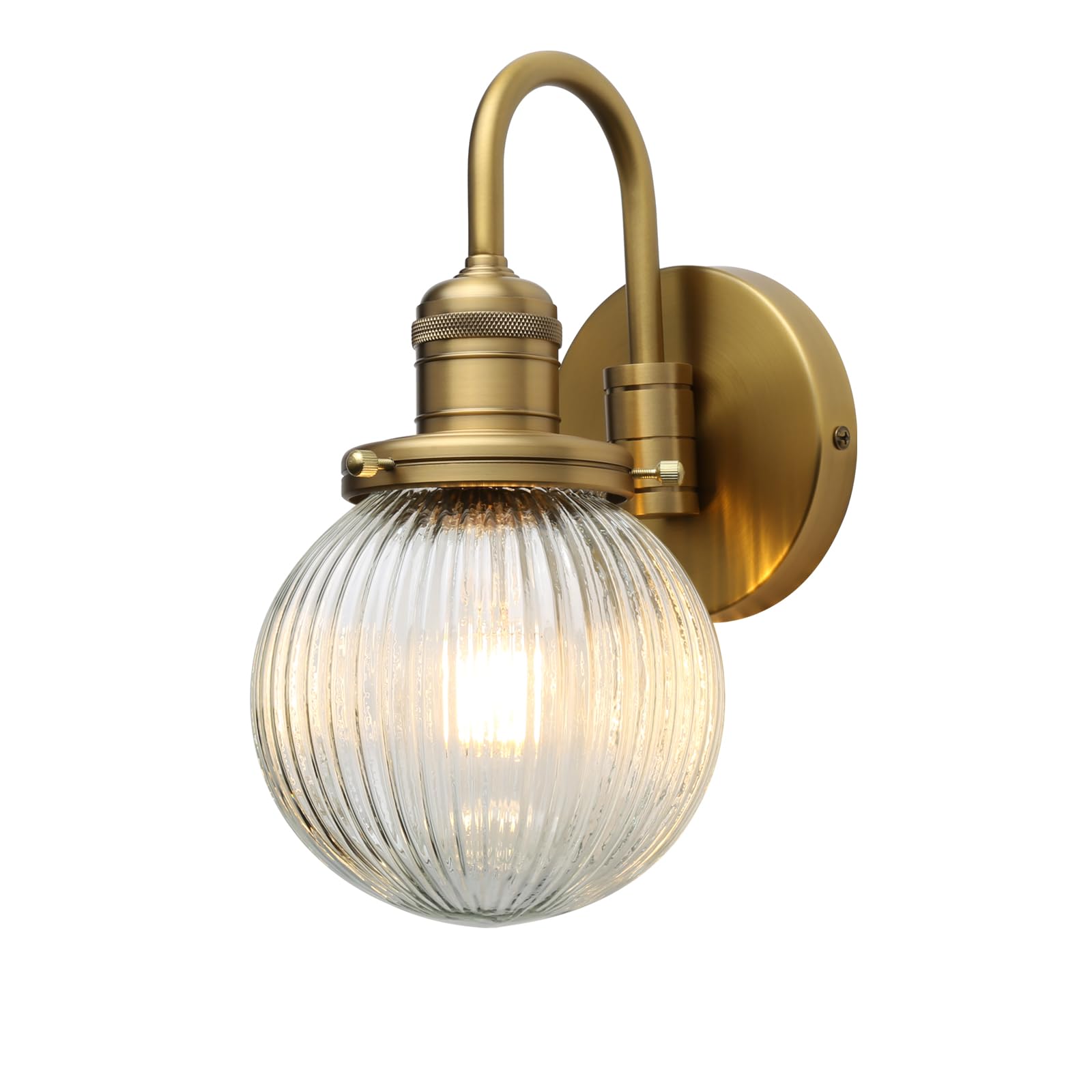 Industrial Vintage U-Shaped 1-Light Wall Sconce with 5.9" Round Ribbed Clear Glass Globe Lampshade Indoor Wall Mounted Lamp Fixture for Bedroom Living Room Bathroom Vanity