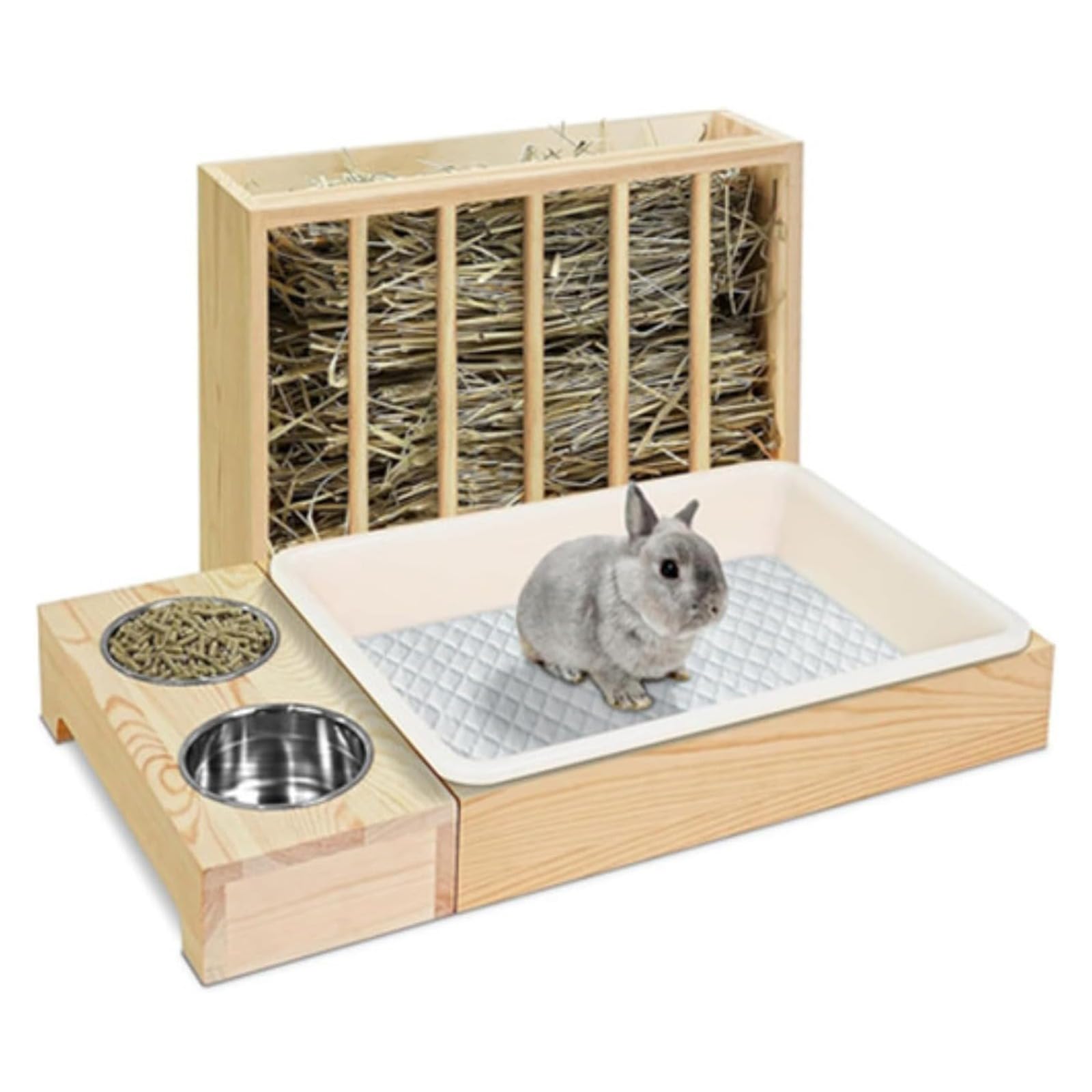 Mangiatoia per fieno 4 in 1 per conigli, con lettiera, ciotola per cibo per conigli, criceti, mangiatoia per fieno in legno per piccoli animali domestici