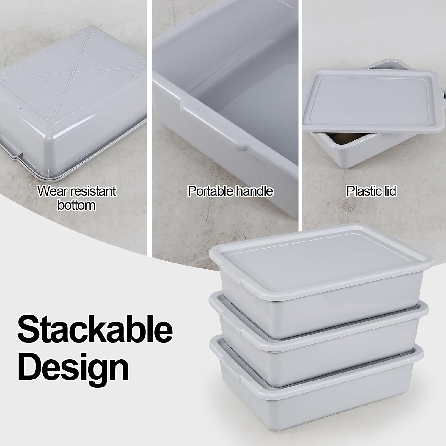 3-Pack Plastic Commercial Bus Tub/Bin Tote with Lid, 13 L Resturant Plastic Meat Lug with Lid, Gray
