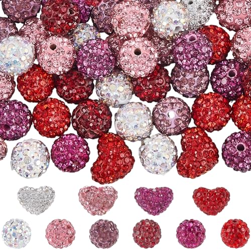 SUNNYCLUE 56pcs Valentine Day Clay Beads Heart Clay Beads Sparkly Shiny Rhinestone Pink Red White Fancy Diamond Round Shaped Spacer Bead For Jewellery Making Pen Beading Women Earring Gifts Supplies