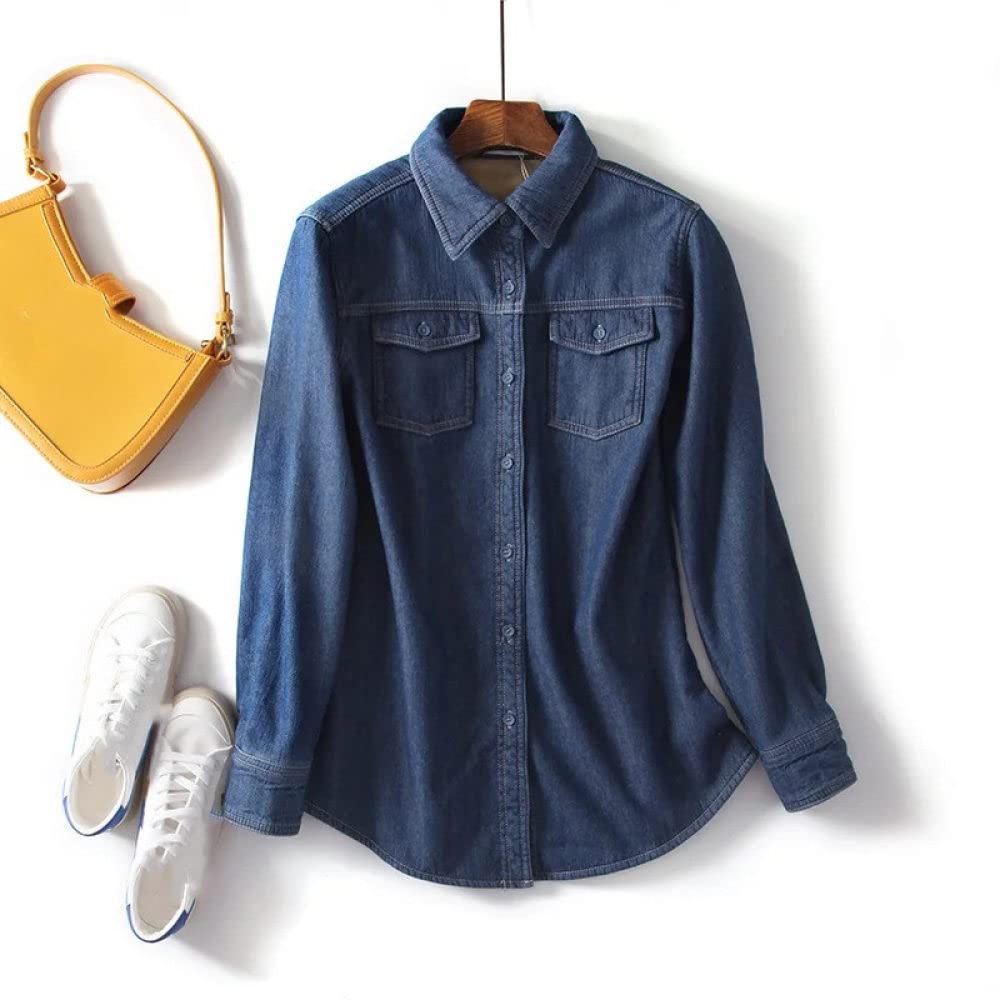 Bluse Elegant Damen Hemd, Damen Jeanshemd Jacke Fleecefutter Warmer Winterpullover Jeans Revers Bluse Tunika Knopf Brusttaschen Langarm Mantel Gefüttert Fleece Blusenshirts für Mädchen