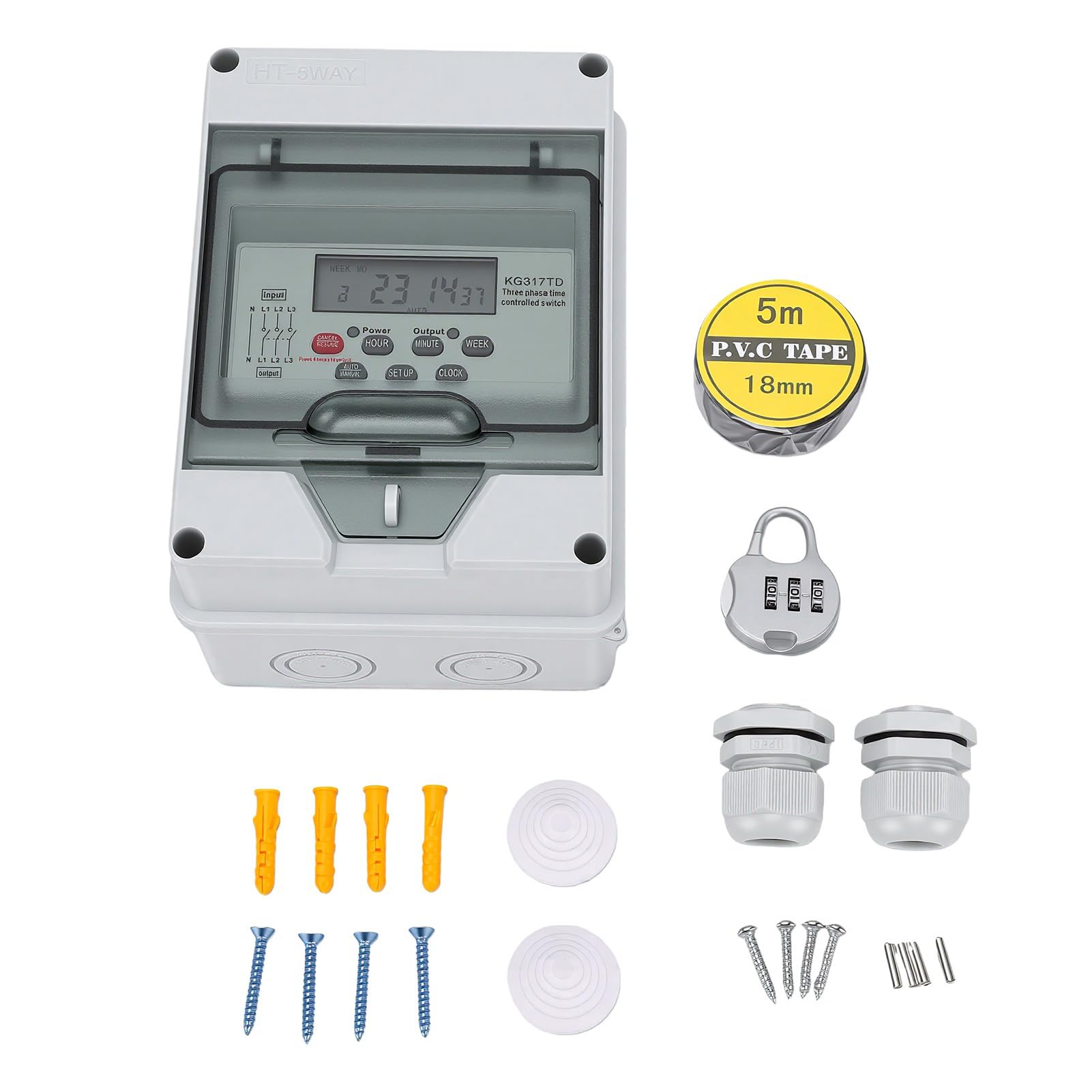 Annadue Interruptor Temporizador de Bomba de Agua Trifásico, Caja de Interruptor de Tiempo Programable Digital 50/60 Hz Montaje en Riel DIN con 24 Configuraciones, Función de Memoria y Batería