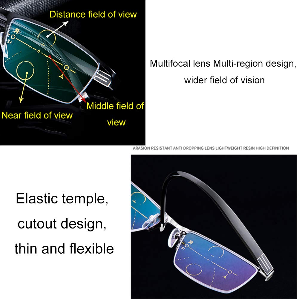 Progresivas de Enfoque Múltiple Gafas de Lectura con Armazón Ligero Rectangular De Alta Definición Lentes de Aumento Unisex para Hombres