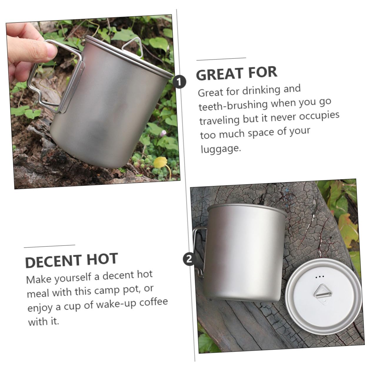 Mipcase Tasse de Camping en Titane 750ml avec Poignée Pliable Argenté
