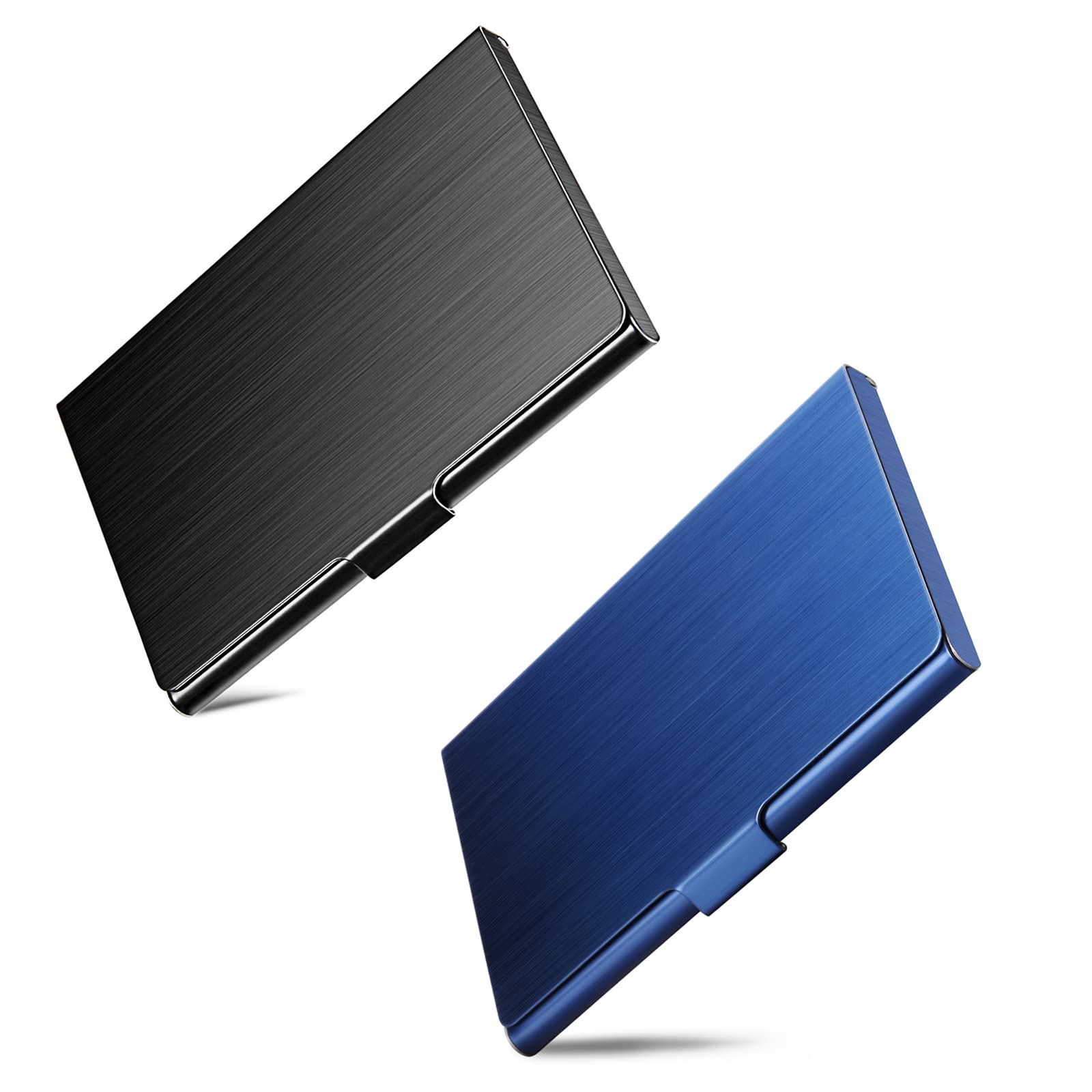 DMFLYBusiness Card Holder, Slim Business Card Case for Men & Women, Pocket Metal Card Case, Professional Stainless Steel Business Card Holders, Buckle Style Shut, 1PCS Black and 1PCS Blue