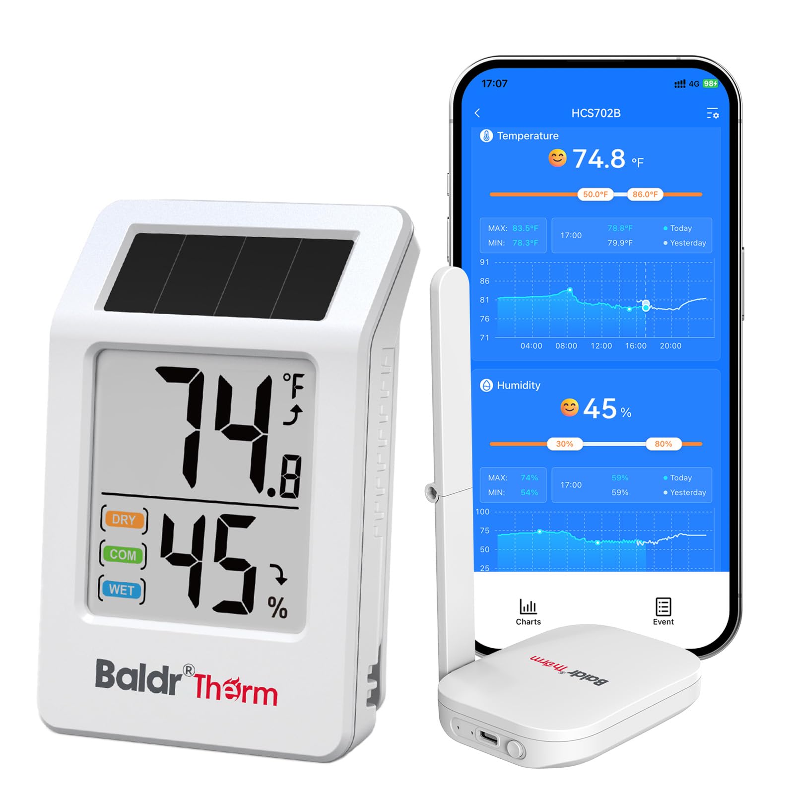 BaldrTherm Termometro WiFi, termometro intelligente wireless, monitor della temperatura a distanza con gateway e sensore solare, copertura di 60 m, avvisi app, batteria di 12 mesi, indicatore di