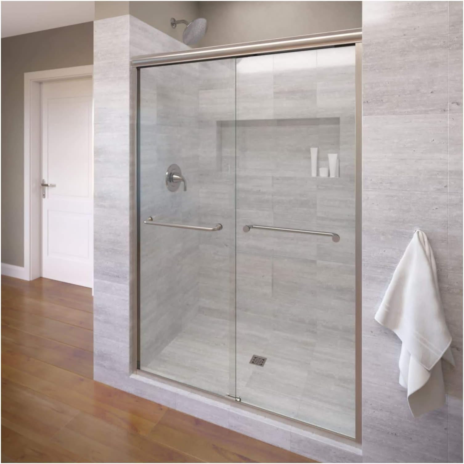 Basco Infinity Semi-Frameless Sliding Shower Door, Fits 54.5-58.5 inch Opening, Clear Glass, Brushed Nickel Finish
