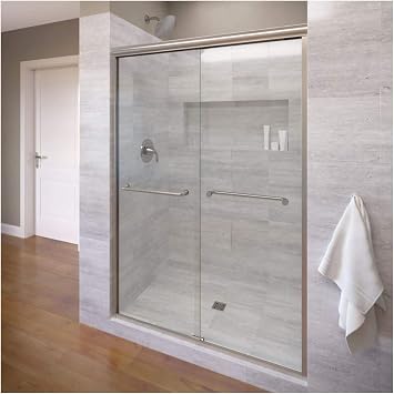 Basco Infinity Semi-Frameless Sliding Shower Door, Fits 44- 47 inch opening, AquaGlideXP Clear Glass, Brushed Nickel Finish