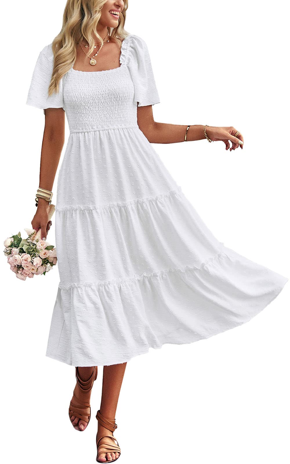 Women's Casual Summer Dress 2026 Square Neck Flutter Sleeve Smocked Tiered Midi Dress Swiss Dot Boho Flowy Dresses