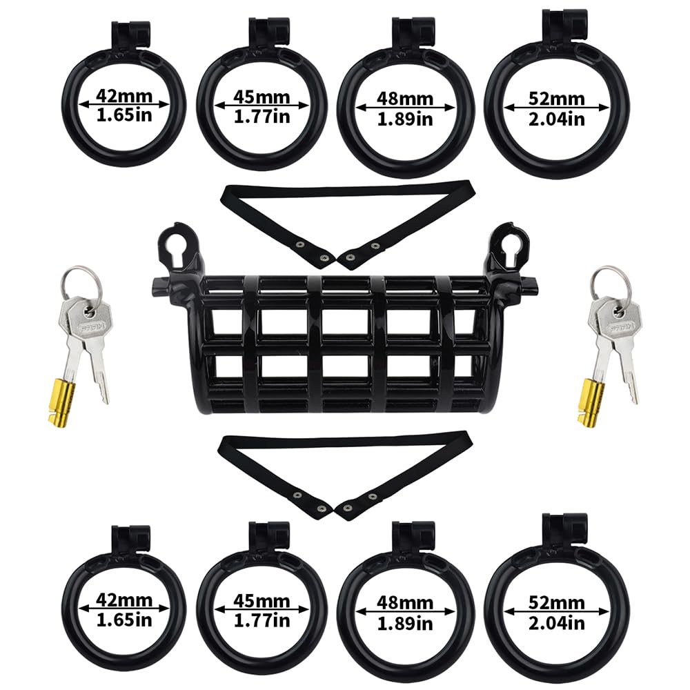 Neuer Doppel-Peniskäfig mit 8 Hodenring Keuschheitsgürtel Set Atmungsaktiver Chastity Cage Extremer Bondage Keuschheitskäfig SM-Bondage Sexspielzeug für Männer Homosexuell (Schwarz mit Gürtel)