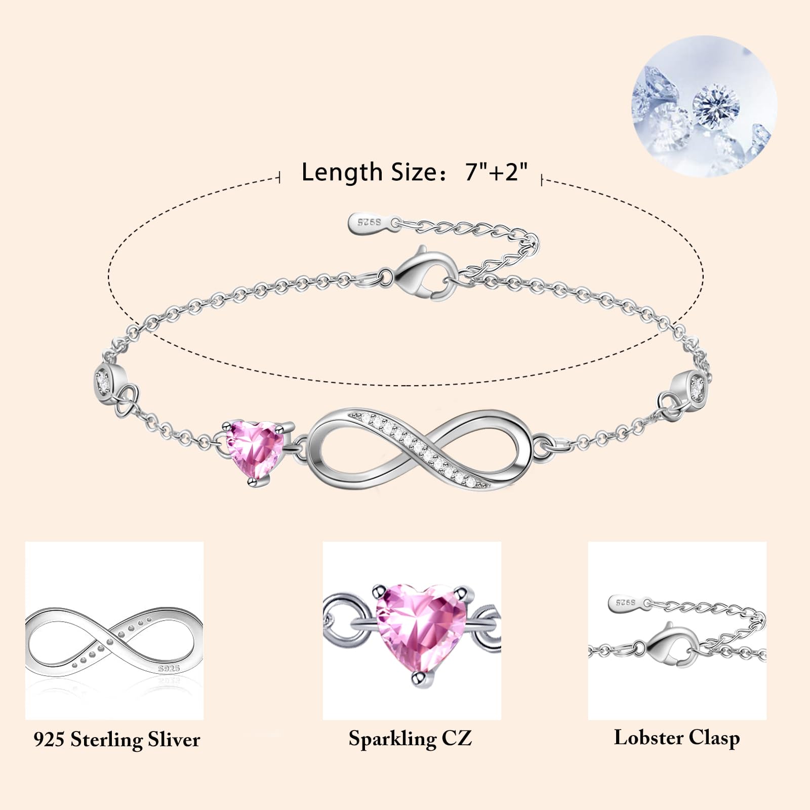 Tusuzik Bracciale Argento 925 Donna, Bracciale Infinito Donna Argento 925 con Cuore Zirconi Regolabile Bracciali Donna Gioielli Regalo per Mamma Amica Ragazza