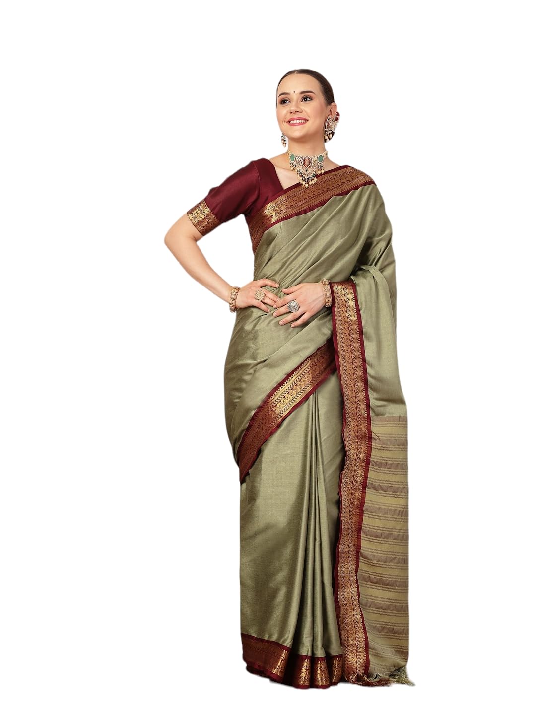 Stylum Women's Solid Traditional Banarsi Zari Border Silk Saree (Srmehandigeera_Mehandi)
