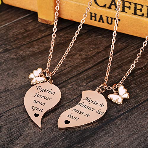 Mjartoria Bff Necklace For 2-Split Valentine Heart Necklace Together Forever Never Apart Best Friends Pendant Friendship Necklace Set Of 2 Gifts For Her (Rose Gold-Together Forever-Butterfly) #TOP6