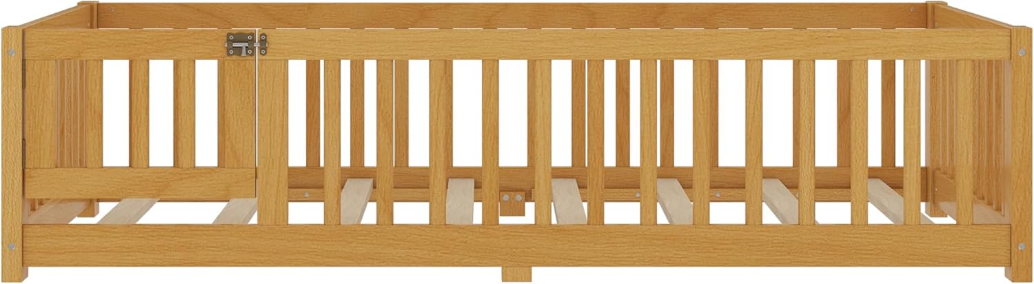 KEIKI Twin Size Floor Bed, Low Montessori Bed with Safety Guardrails and Door, Solid Wood Bed Frame for Boys & Girls, Natural
