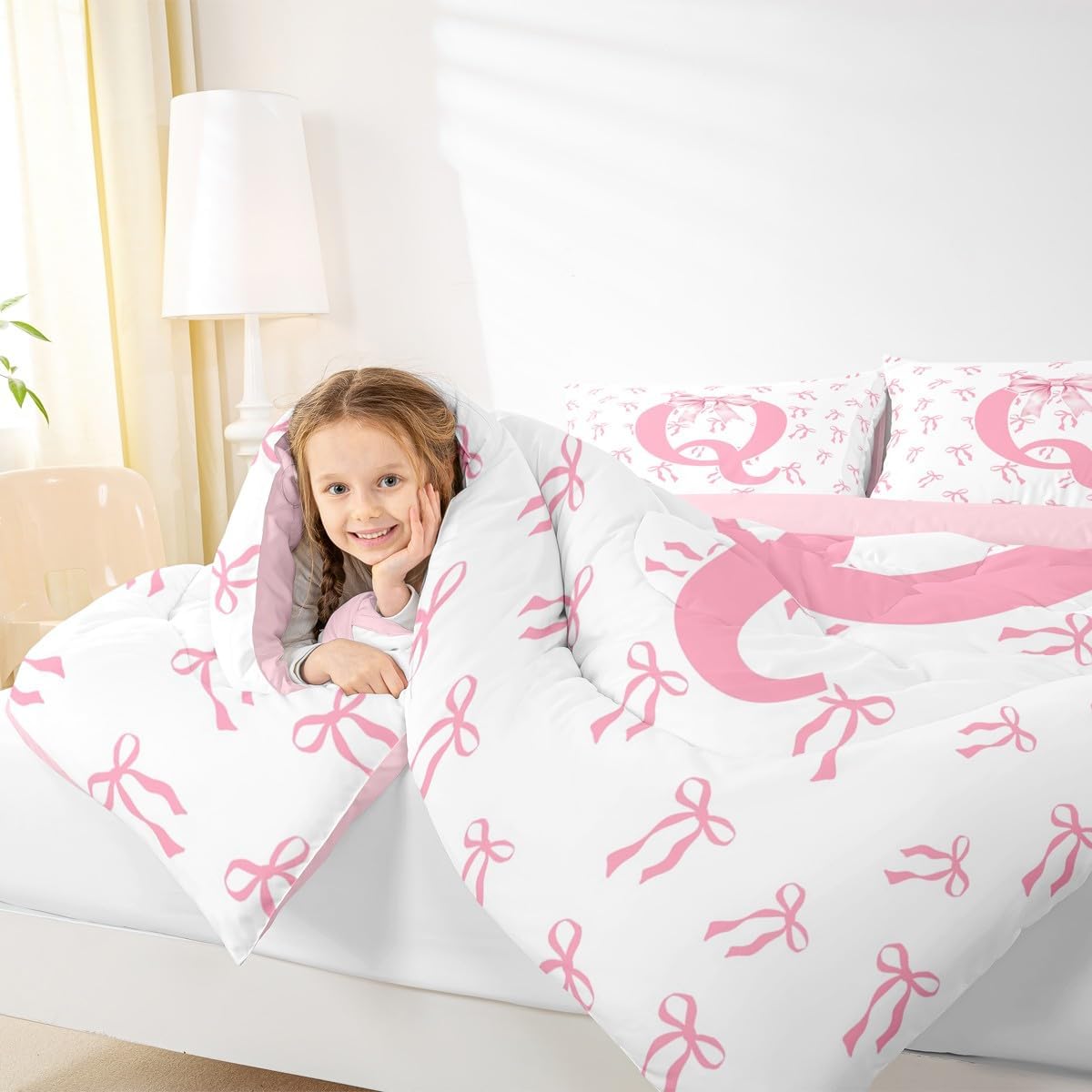 Erosebridal Romantic Pink Bowknot Comforter Set Twin Ribbon Initial A-Z Letter Bedding Set Dreamy Bows Down Comforter Modern Simple Pink White Bow Knot Duvet Insert