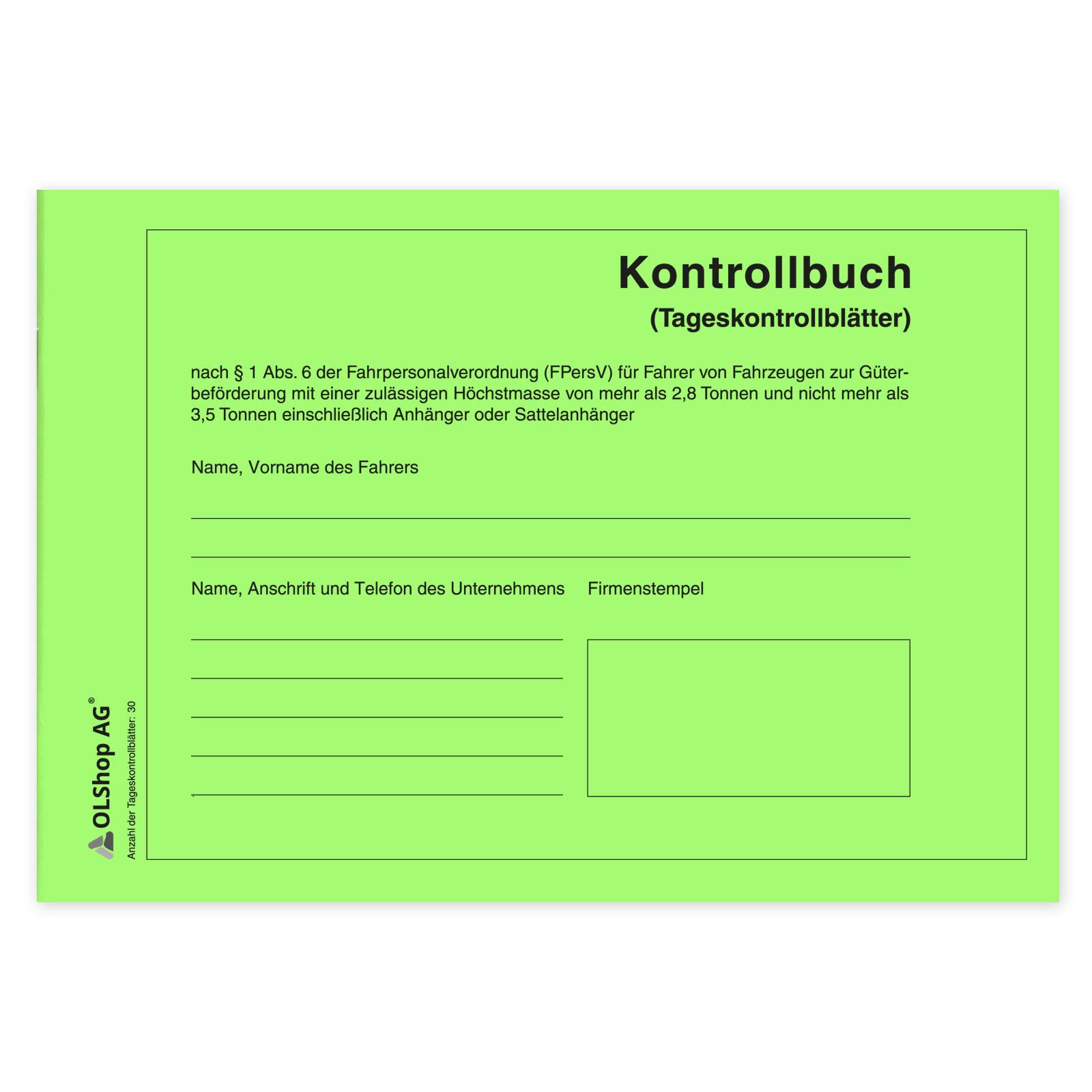 50 Persönliche Kontrollbücher DIN A5 quer, Tageskontrollblätter, Fahrtenkontrollbuch, Kontrollblätter, Persönliches Kontrollbuch, perforiert - Seiten einzeln heraustrennbar