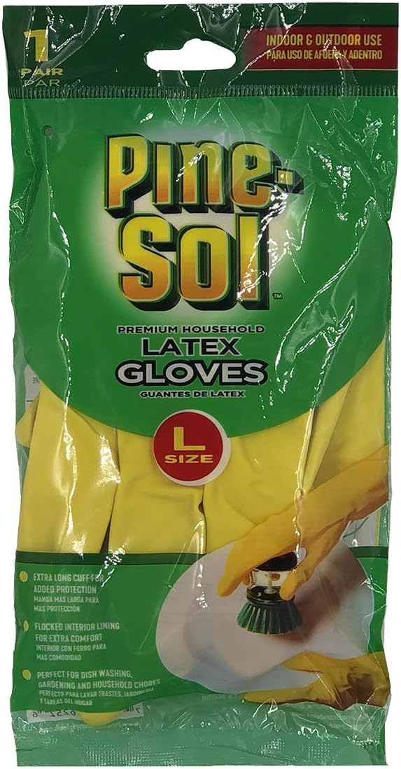 Pine-Sol Premium Latex Gloves | Protection from Bacteria, Germs, Chemicals, Odors | Indoor/Outdoor Use for Safe Cleaning, Washing, Gardening | 1 Pair, Large, Yellow