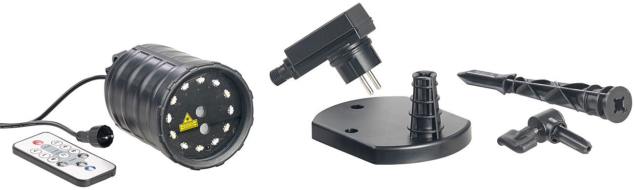 Lunartec Sternenprojektor: Laser-Projektor mit 12 LEDs, 8 Licht-Effekte, Timer, Fernbed., IP65 (Weihnachtslaser, Laserstrahler, Weihnachtsbeleuchtung außen)