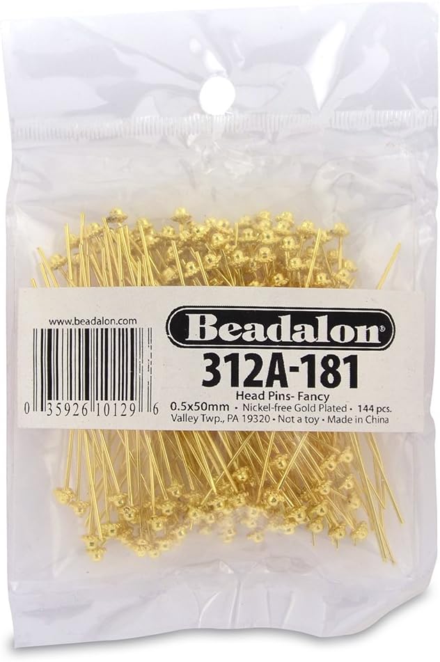 Beadalon 144-Piece 2-Inch Fancy Head Pin, Nickel Free Gold Plate