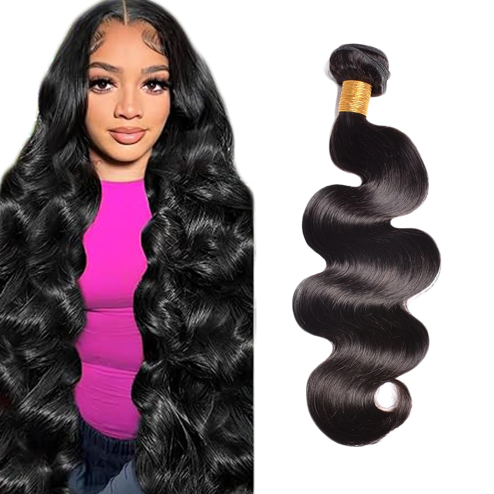 Zeslaerr Human Hair Bundles #1B Natural Black Color Body Wave 32 Inch Natural Unprocessed Knotless virgin Remy Human Hair Extension For Woman 1 Bundle 100g