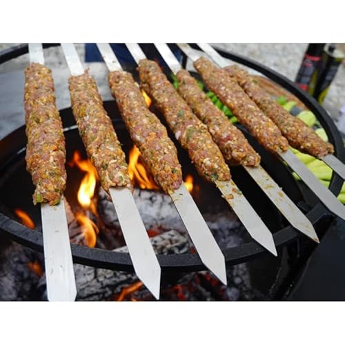 JD Europe 6pcs Turkish Adana Kebab BBQ Skewers. Stainless Steel Flat Wide Barbecue Skewers Length 57.5cm, Width 2.4cm and 2.5mm Thick