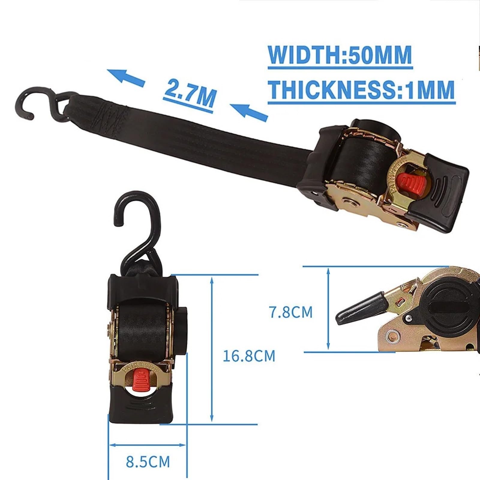 Tensor de Carraca Correa de trinquete retráctil automática con Gancho único S, Amarre Fijo 25mm x 2,0 m, Carga for Motocicleta, vehículo Todoterreno, Barco Kart, 1 ud