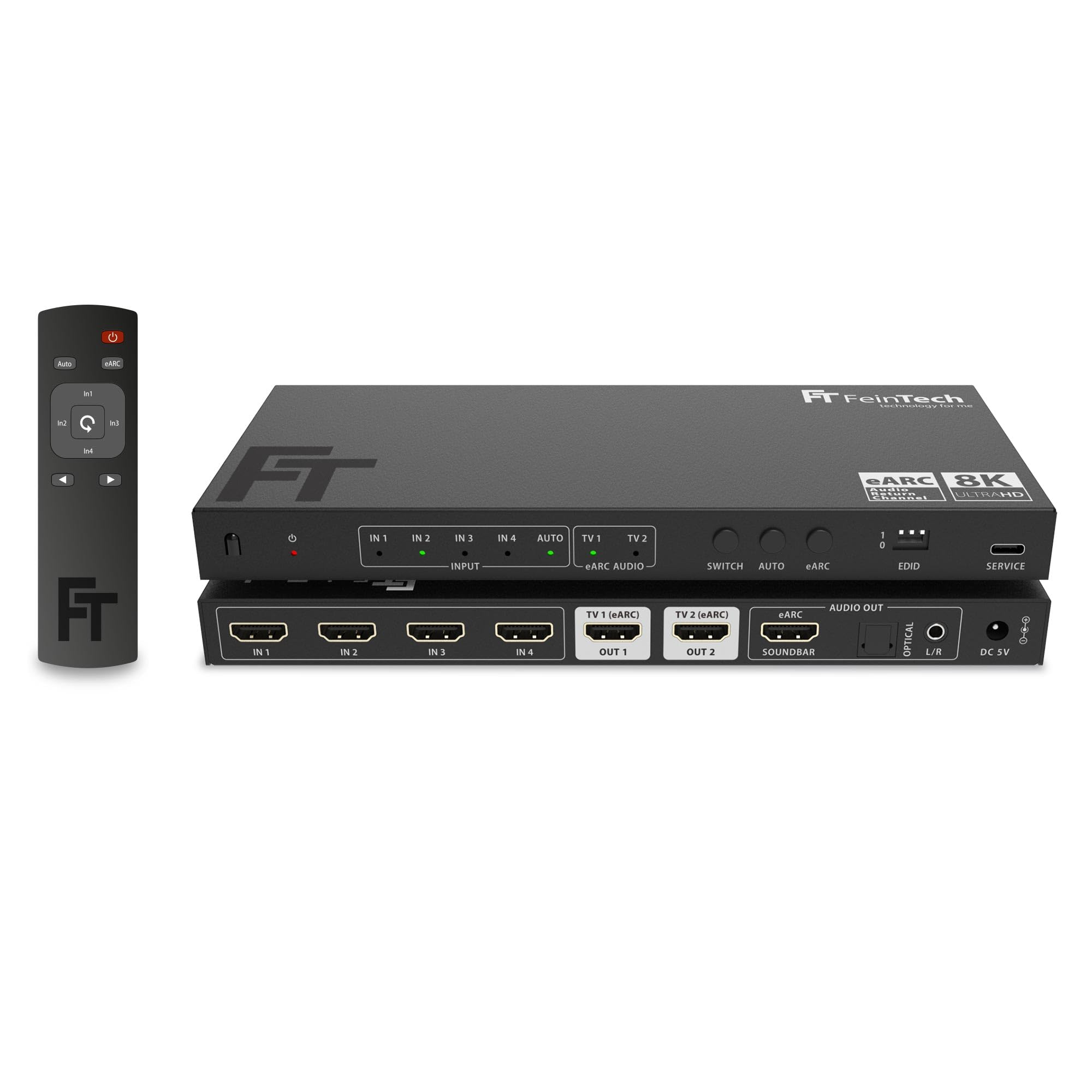 FeinTech AX341 Répartiteur HDMI 2.1 eARC 4 en 2 sorties avec extracteur audio (barre de son eARC, Toslink et AUX), 8K 60Hz, 4K120Hz, téléscaler