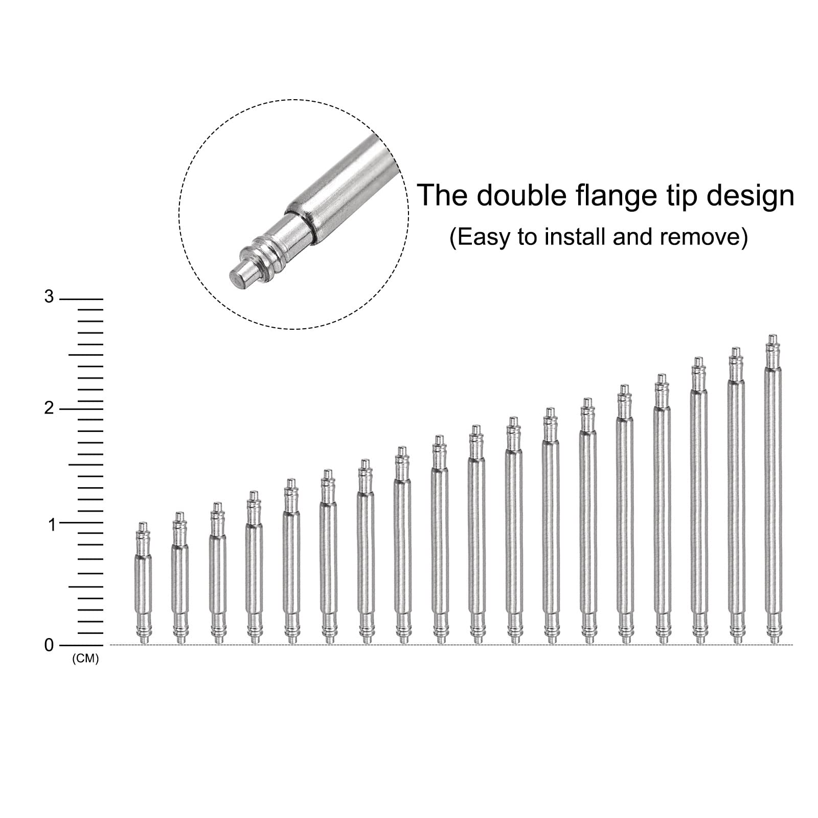 uxcell Watch Band Link Pin Set 216pcs 1.4mm Dia Stainless Steel Double Flanged End Spring Bar Pins (8-25mm, 12pcs Each Size)