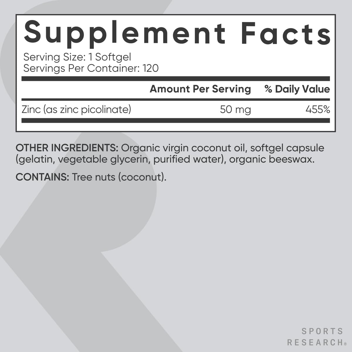 Sports Research® Zinc Picolinate 50mg w/Organic Coconut Oil, 120 Softgels — Amazon image 5