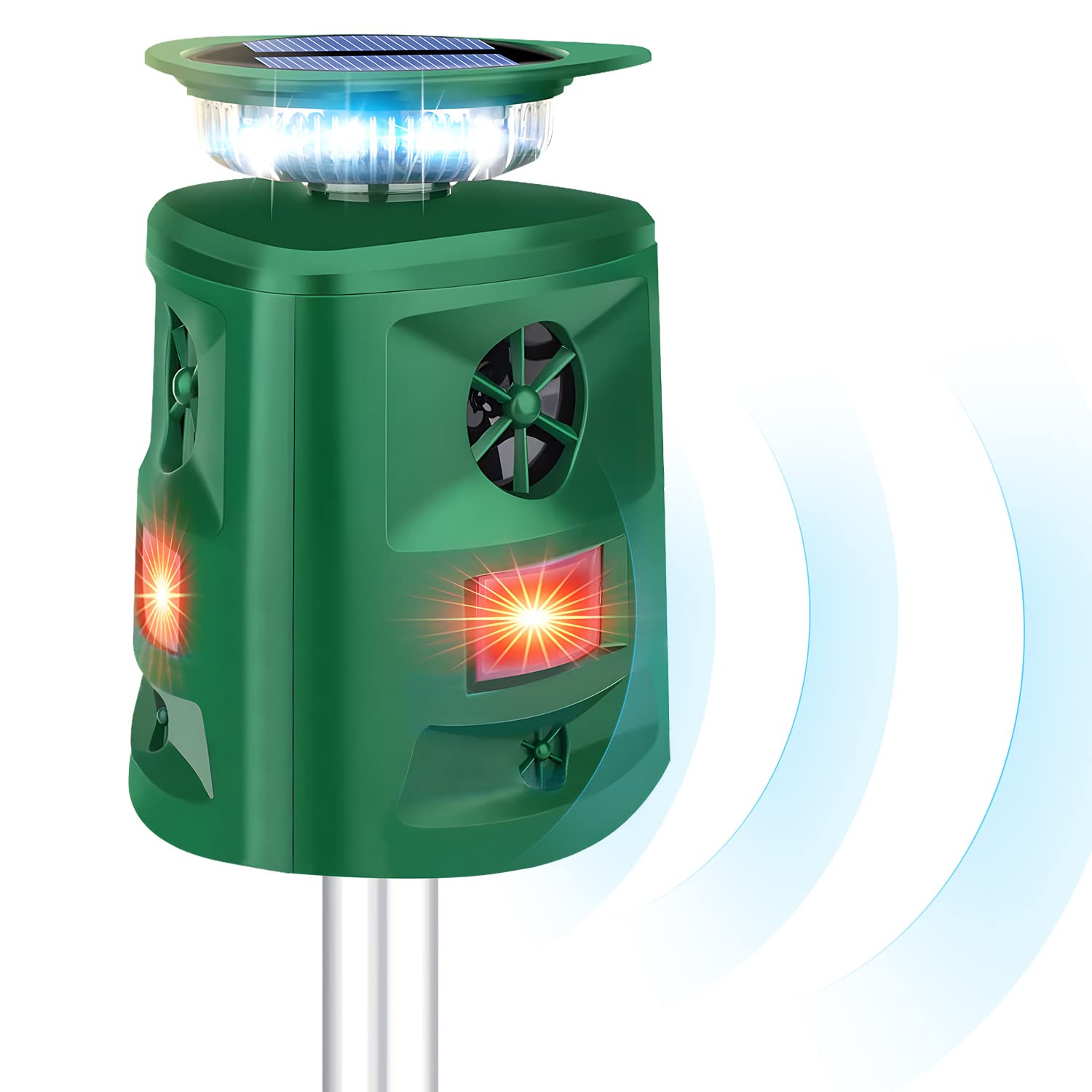 Repellente a ultrasuoni a 360° per gatti e volpi, 5 modalità, repellente per piccioni solare e a batteria, impermeabile, deterrente per uccelli, scoiattoli, gatti, spaventapasseri per giardino, con