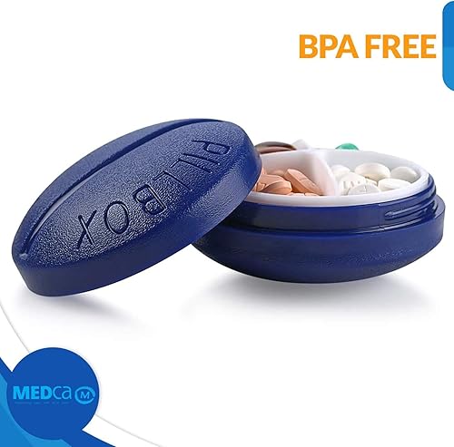Miniatura 4 de Pastillero redondo para viajes, mini organizador compacto portátil de 4 compartimentos, dispensador de vitaminas y medicamentos hasta 4 veces al