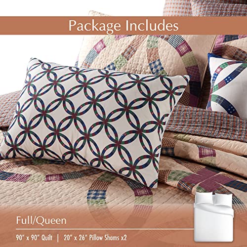 Virah Bella 3 Piece Queen Cabin Quilt Bedding Set - Wedding Ring - Rustic Country Reversible Patchwork Comforter Set With Decorative Pillow Shams, Brown/Tan #TOP2